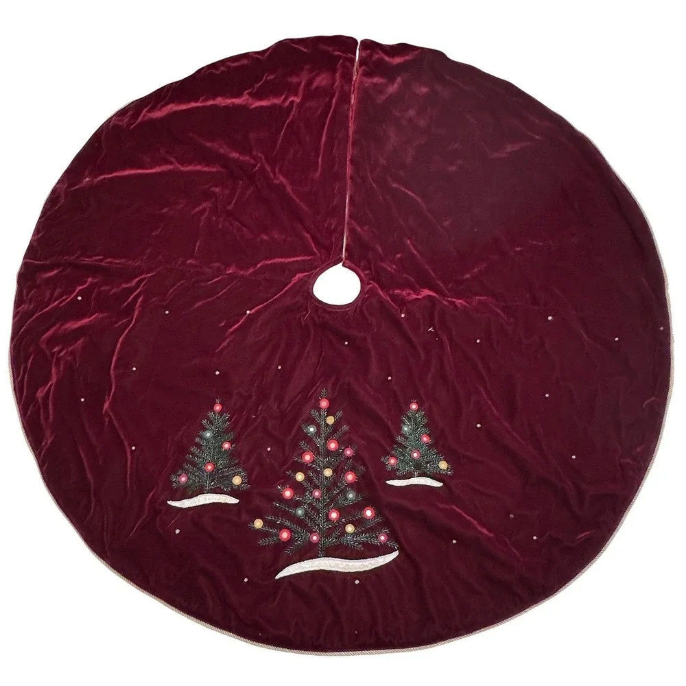 Burgundy Velvet Beaded Christmas Tree Skirt Embroidered Trees Gold Trim 53 Inch